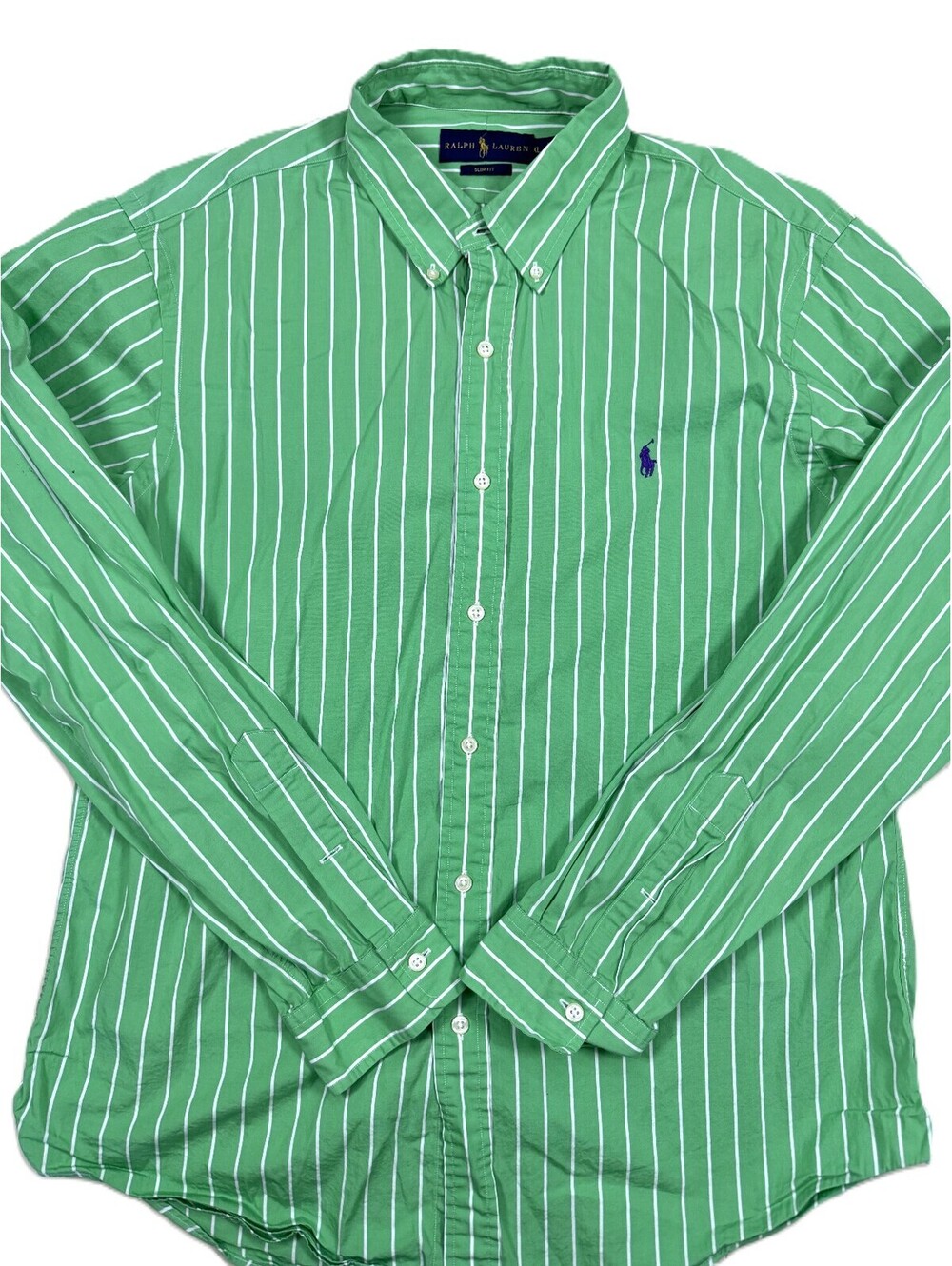 Ralph Lauren Men's Long Sleeve Shirt XL Green Vertical White Stripes Slim Fit
